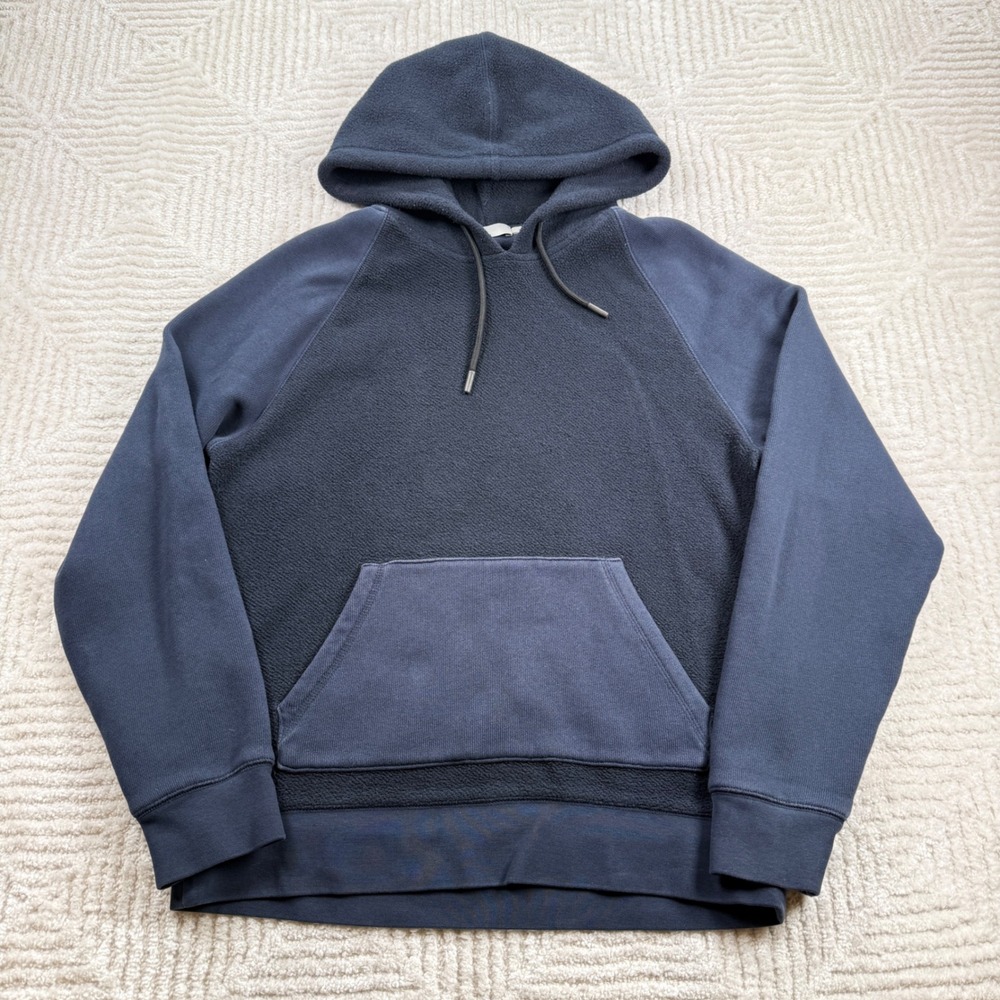 Vince Mixed Media Hoodie Men S Blue Raglan Pullover Modern Quiet Luxury Designer